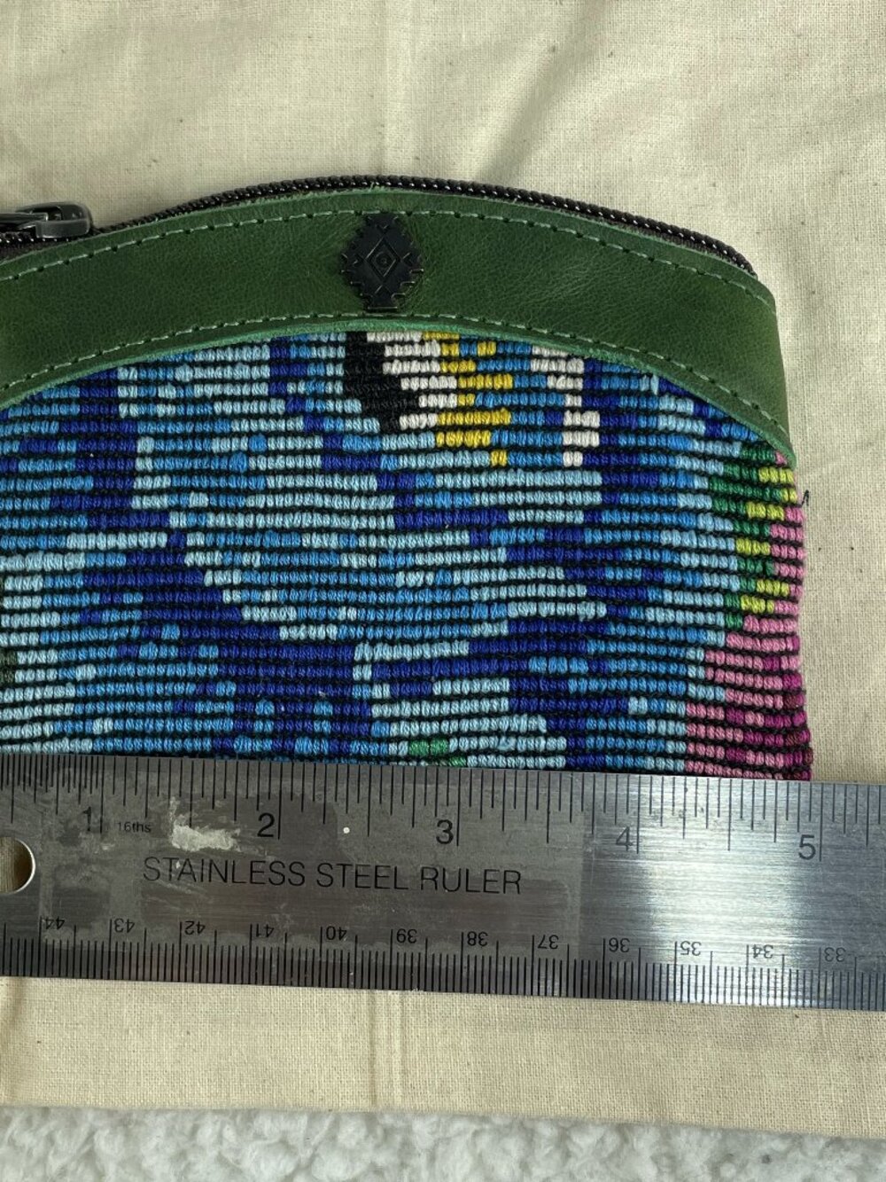 Nena & Co. Handmade Wallet Leather & Ikat Green & Blue Zippered EXCELLENT - Picture 7 of 8